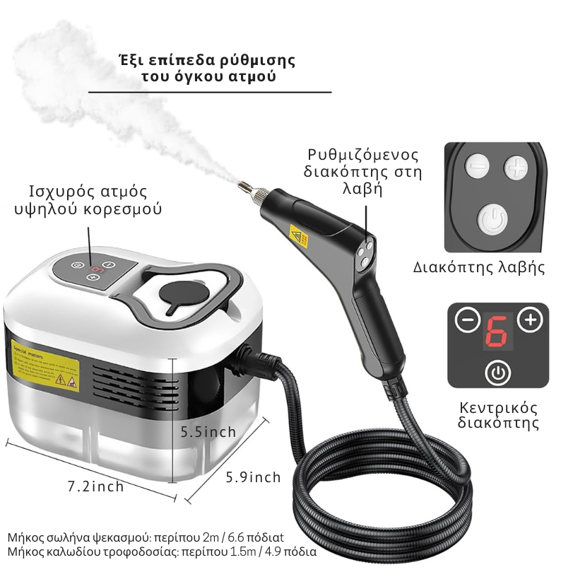 Ατμοκαθαριστής υψηλής πίεσης 2500W με γάντια